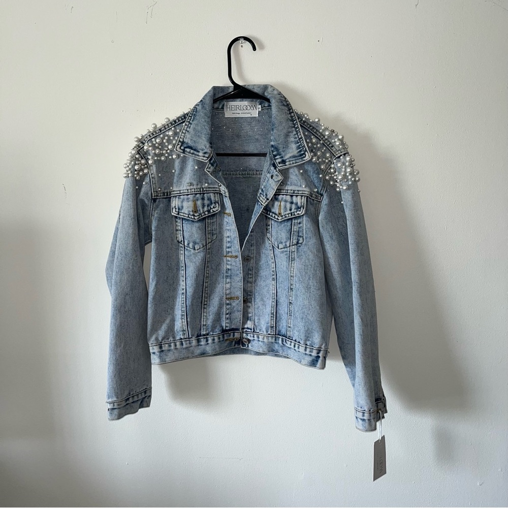 Light Wash Pearl-Embellished Denim Jacket wifey